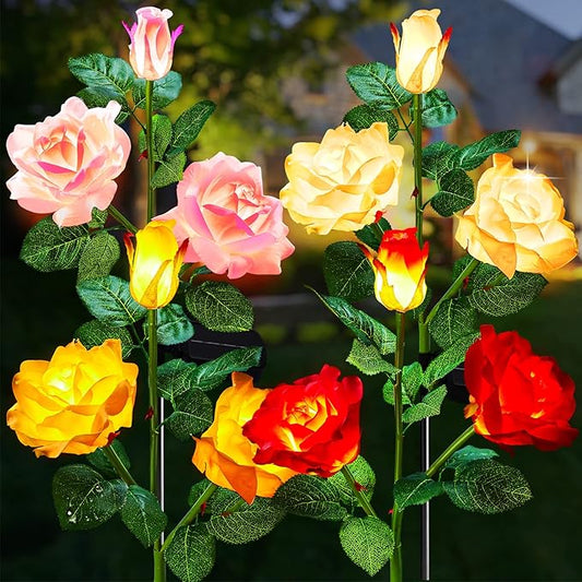 Brightown Outdoor Solar Garden Lights - 4 Pack LED Flower Lights with Realistic Rose, Bigger Solar Panel, Waterproof for Yard & Patio Decorations Brightown