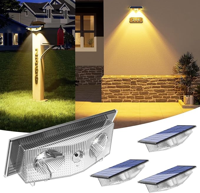 Solar Lights Outdoor for Mailbox, House Numbers, Address, Sign with 6 RGB Colors/Warm White/Cool White, IP65 Waterproof Fence Lights, Solar Powered Dusk to Dawn Wall Light Outside (4 Pack) CREPOW