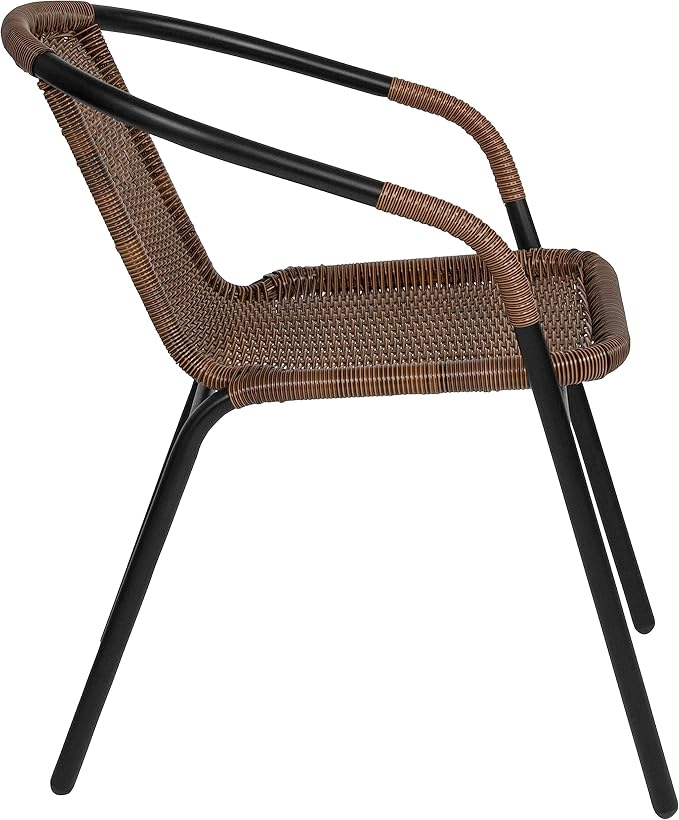 EMMA + OLIVER Set of 2 Modern Rattan Indoor/Outdoor Stack Chairs, Stacking Rattan Patio Chairs with Curved Back and Cross Bracing, Brown EMMAOLIVER