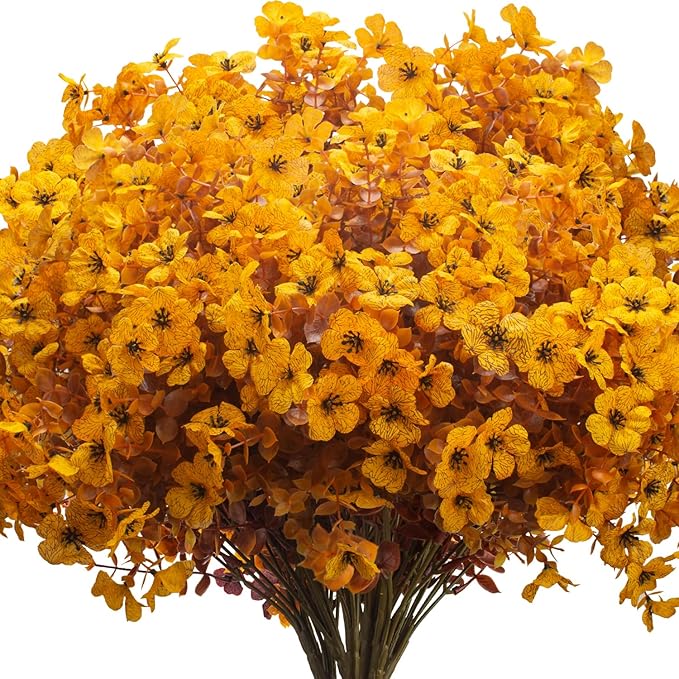 16 Bundles Artificial Fall Mums Outdoor UV Resistant, Fake Silk Plants No Fade Faux Greenery for Garden Porch Patio - Autumn Thanksgiving Christmas Home Decor (Fall Yellow) Grunyia