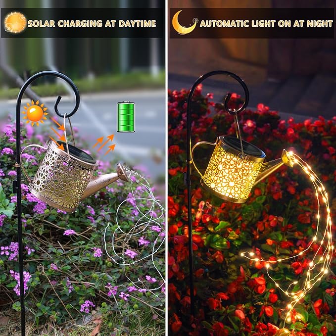 Solar Lights Outdoor Decorative, Metal Watering Can Lights Waterproof, Small Hanging Garden Decor Yard Outside Patio Lawn, Gifts for Mom Grandma Women Birthday(Warm White) Misawce