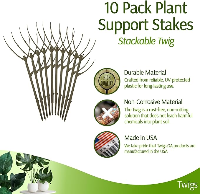 Stackable Plant Support Stakes, Indoor & Outdoor Houseplant Stem Support, Garden Accessories, Durable Trellis Alternative for Climbing & Potted Plants - Moonstone, 10 Pack, 17" L TwigsGardenAccessories