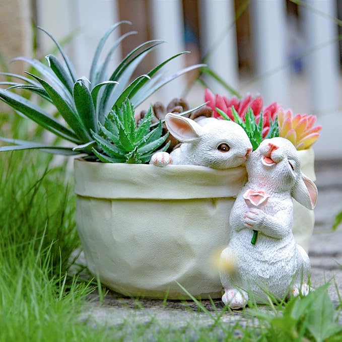 Rabbit Flower Pot Succulent Planter Garden Pots, Bunny Decorative Flower Pot,Animal Shaped Cartoon Planter Pots, Art Decorations for Mom Women （Flower with Drainage Hole） WONDHOME