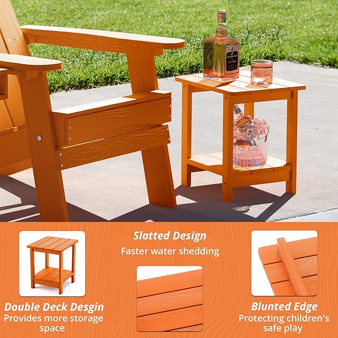 LUE BONA Adirondack Outdoor Side Table, 2-Tier Orange HDPS Patio End Table Weather Resistant, Morden Side Table for Patio, Pool, Porch LUEBONA