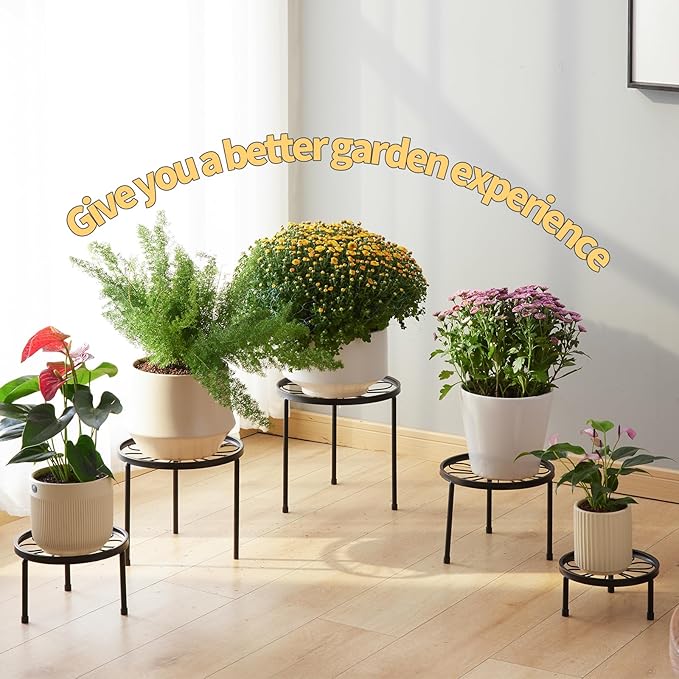 Plant Stand,5 Pack Heavy Duty Flower Pot Stands,Metal Decoration Racks,Round Plant Shelf for Planter Outdoor and indoor (Brown) Furshus