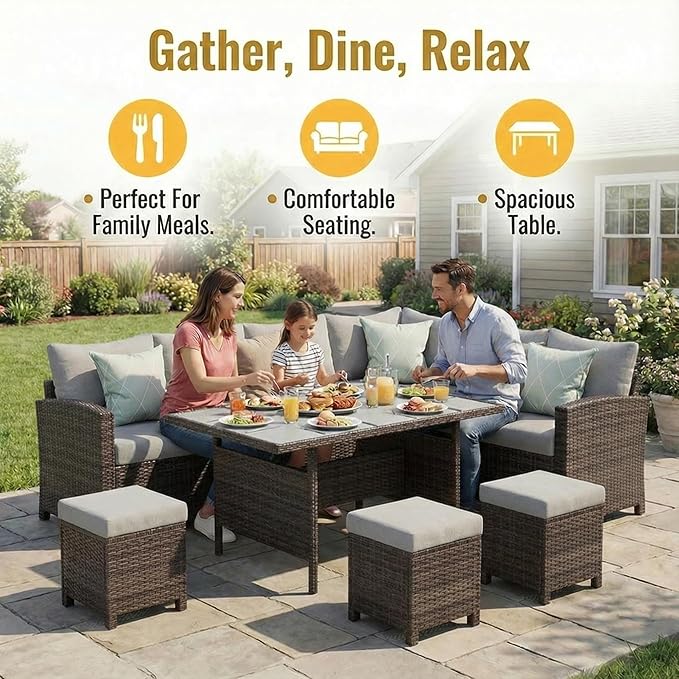 Wisteria Lane 7 Piece Patio Furniture Set, Wicker Patio Sectional with Wide Armrest, All Weather Outdoor Dining Set, Outdoor Furniture Patio Conversation Set with Ottoman, Grey WisteriaLane