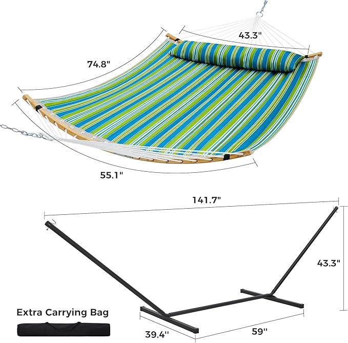 SUPERJARE Curved-Bar Hammock with Stand, 2 Person Heavy Duty Hammock Frame, Detachable Pillow & Portable Carrying Bag, Perfect for Outdoor & Indoor, Thin Blue and Green Stripes SUPERJARE