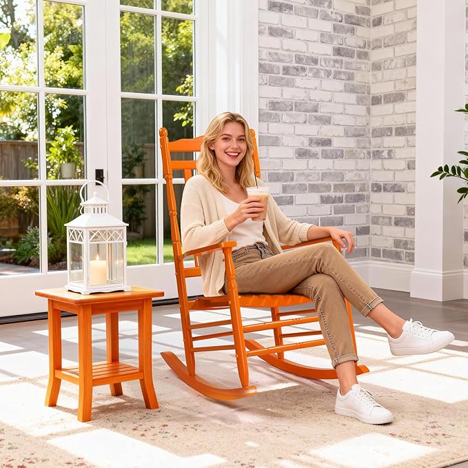VINGLI Wooden Rocking Chair, Outdoor Chair with 450 lbs Support, Relaxing Rocker with Solid Wood High Back Seat Reclining Seat for Deck, Garden, Backyard, Porch, Indoor or Outdoor Use (Orange, 1PC) VINGLI
