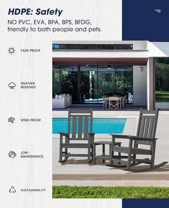 KINGYES Oversized Outdoor Rocking Chair Set of 2, All-Weather Patio Rocking Chairs for Porch, HDPE Outdoor Patio Rockers with High Back & Wide Seat for Garden, Lawn, Gray KINGYES