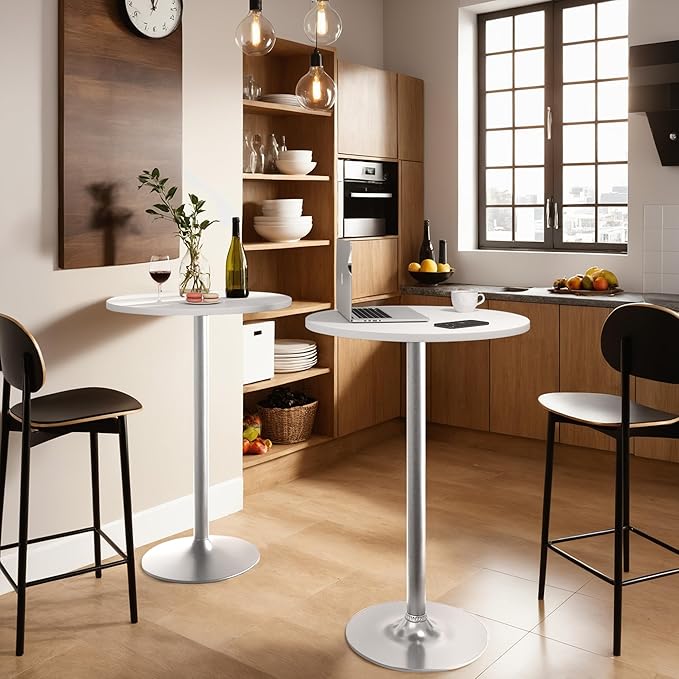 Furmax Bistro Pub Table Round Bar Height Cocktail Table for Home Bar, Small Round Bar Tables for Party, Dining Room, Living Room and Wedding, Metal Base MDF Top Obsidian, 40.6 Inch Height (2, White-2) Furmax