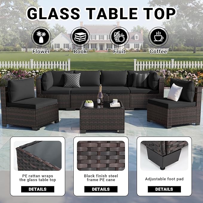 LEVELEVE 7 Pieces Outdoor Patio Furniture Sets,Rattan Conversation Sectional Set,Manual Weaving Wicker Patio Sofa with Tea Table(Black 7pcs) Enjoyyourlife
