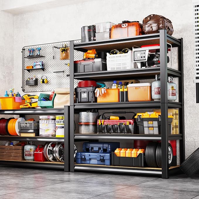 Set of 2 Garage Shelving Heavy Duty Storage Shelves, Metal Adjustable Shelving Unit, Utility Garage Organizer Shelf for Basement, Pantry, Kitchen, Warehouse, 13.8''Dx31.5''Wx71.2''H, Black Rootora
