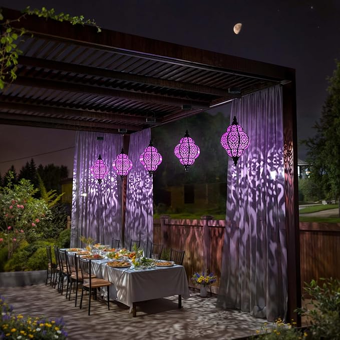 Hanging Solar Lights Outdoor Garden Decor Solar Lantern Waterproof Plastic Moroccan Outdoor Decorations for Patio Pathway Yard Backyard Garden Decorative (2, Purple) Hapjoy