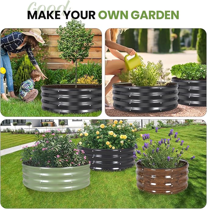 G GOOD GAIN Round Raised Garden Bed - 2Pcs 3x3x1ft Galvanized Steel Planter Boxes Outdoor with Rubber Edge Trim | Metal Raised Beds for Gardening Vegetables Flowers Fruits Herbs (Dark Grey) GGOODGAIN