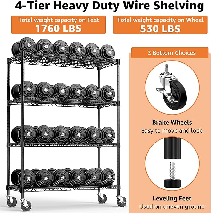 53" W Storage Shelves 1760LBS 4 Tier Metal Shelving Unit with Wheels Heavy Duty Garage Shelving Adjustable Wire Shelves for Pantry,Kitchen,Garage,Basement,Black 23.6" D x 53.2" W x 73.6" H MEIGAOPLASTICANDMETALHKCOLIMITED