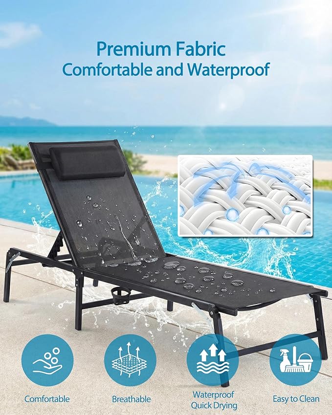 2 Pack Foldable Chaise Lounge Chair with Cup Holder, Assemble-Free Outdoor Lounge Chair with Detachable Pillow and 6 Adjustable Backrest, Patio Lounge Chair for Outside Poolside Beach Pool, Black HOMELYM