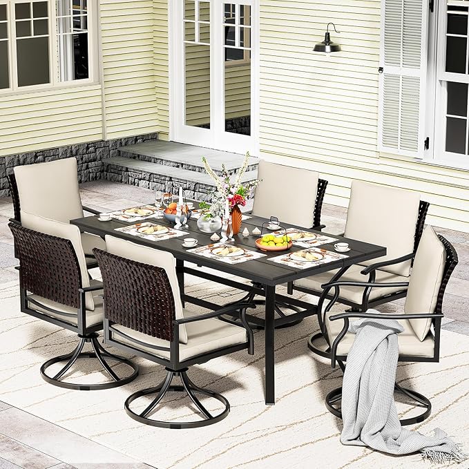 LEVELEVE 7 Piece Outdoor Patio Dining Set with 6 Swivel Dining Chairs & 1 Large Round Dining Table,Bistro Furniture Set for Lawn, Garden, Deck, Backyard and Porch Enjoyyourlife