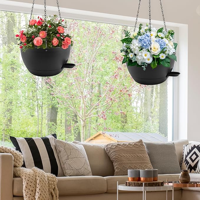 12 inch Hanging Planters for Indoor Plants, 2 Pack Self-Watering Hanging Planter Pots with Chain and Drainage Holes, Outdoor Plastic Hanging Baskets for Garden Home Decor (Black, 2pcs/12inch) Rootora