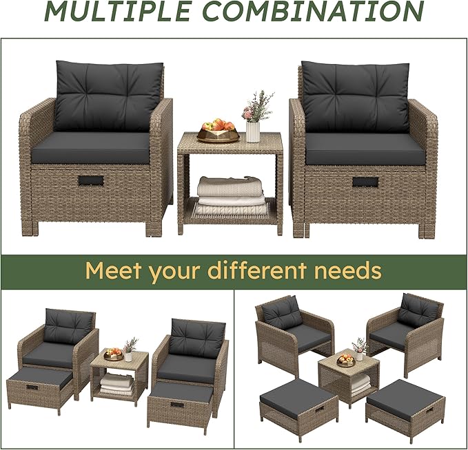 LHBcraft Balcony Furniture 5 Piece Patio Conversation Set, PE Wicker Rattan Outdoor Lounge Chairs with Soft Cushions 2 Ottoman-Glass Table for Porch LHBcraft-US