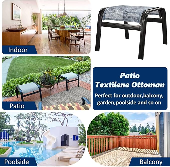 Outdoor Footstools for Patio,Textile Ottomans Metal Dining Footrests Stack Chairs for Lawn,Garden or Porch 2 Set Blue Deugold