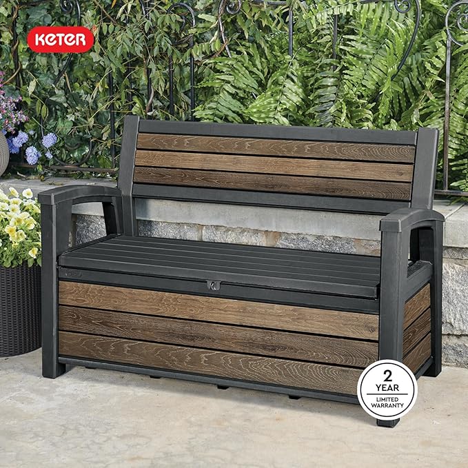 Keter Signature 60 Gallon Storage Bench Deck Box for Patio Furniture, Front Porch Decor and Outdoor Seating – Perfect to Store Garden Tools, Walnut Keter