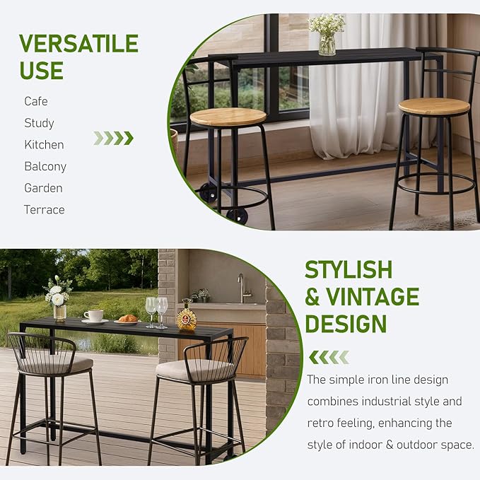 Outvita Outdoor Bar Table, 37" Height Patio Pub Table with Waterproof Frame and Adjustable Foot for Hot Tub, Patio, Backyard, Balcony, Hallway, Bistro Rectangle, Black Outvita