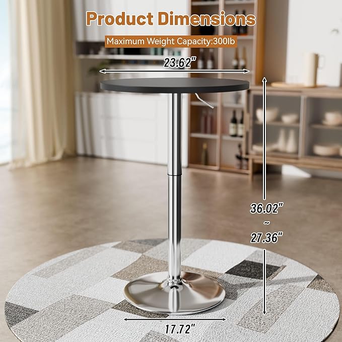 Flamaker Round Bistro Pub Table 23.6 Inch Height Adjustable 360° Swivel Bar Table Metal Base for Pub, Dining Room, Party (4, Black-Silver) Flamaker