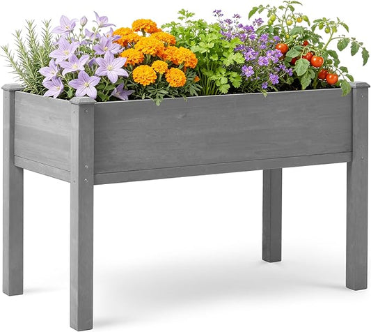SoliWood Raised Garden Bed with Legs, 48x24x30'', Outdoor Wood Elevated Planter Box, Grey Cedar, Thick Legs, w/Liner OutdoorFurniture