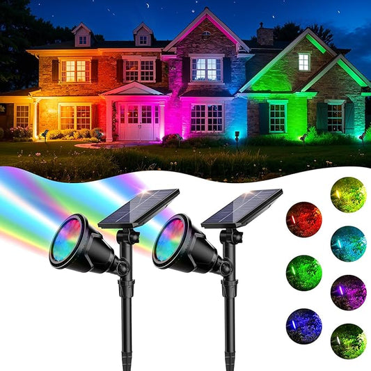 ROSHWEY Solar Spot Lights Outdoor, 7 Colors Halloween Christmas Outdoor Lights Waterproof Landscape Light 600LM Solar Spotlight Lighting for House Backyard Pool Patio Garden Decor- 2 Pack ROSHWEY