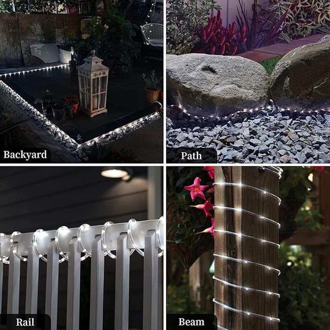 ANJAYLIA Solar Outdoor Rope Lights, 66FT 200 LED Solar Powered Rope Lights Outdoor, 8 Modes Timer Remote String Light Rope Solar Lights Outdoor Waterproof for Garden Decor, White ANJAYLIA