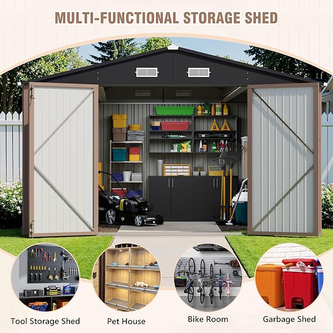 Greesum 10×14 FT Outdoor Storage Shed, Metal Storaged Sheds Without Floor, Tool Sheds with Lockable Doors and Sloping Roof for Garden, Patio, Brown BuynowfromGreesum