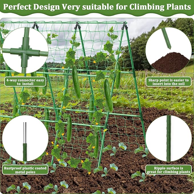 Cucumber Trellis for Raised Bed, 50x 54 inch A-Frame Garden Trellis for Climbing Plants Outdoor, Metal Arch Trellis with Netting, Vegetables Trellis for Grape Pea Bean tetutor