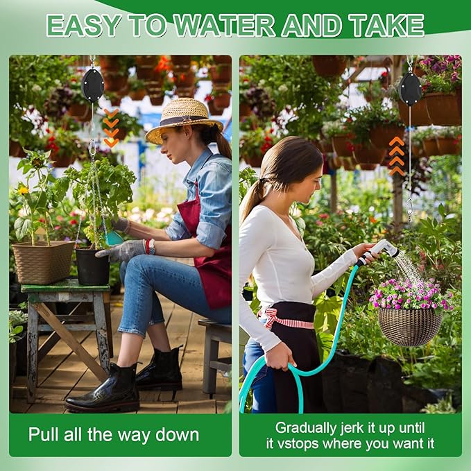 1 Pack Heavy Duty Retractable Plant Hangers, Adjustable Pull-Down Pulleys with 63" Stainless Steel Rope, Double Hooks for Hanging Plants, Bird Feeders, Planters & Pots, Indoor & Outdoor Use FYRVEXENZI