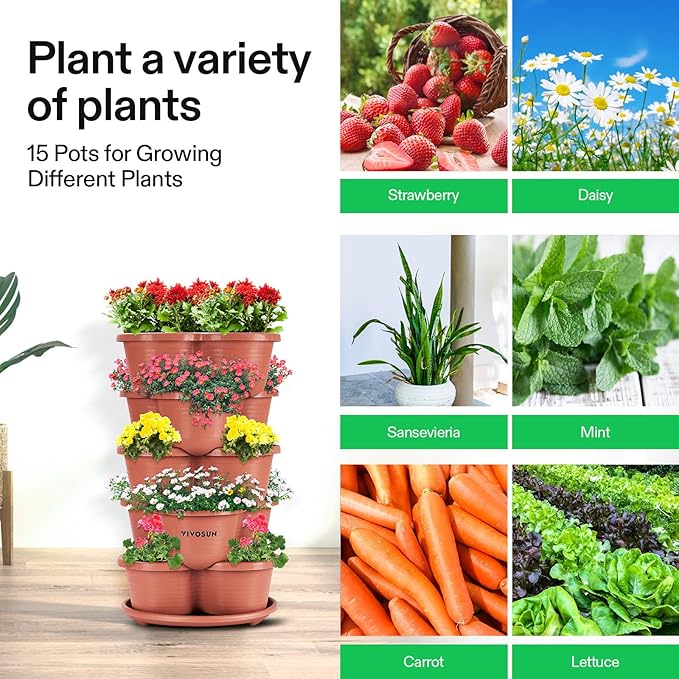 VIVOSUN 5 Tier Vertical Gardening Stackable Planter for Strawberries, Flowers, Herbs, Vegetables, Brown VIVOSUN