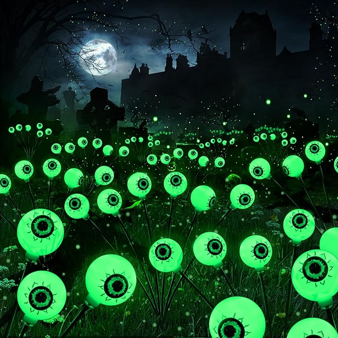 BrizLabs 8 Pack 48 LED Halloween Solar Lights, 2 Modes Outdoor Halloween Eyeball Pathway Lights, Solar Spooky Light Waterproof, Green Swaying Firefly Lighting for Path Yard Garden Lawn BrizLabs