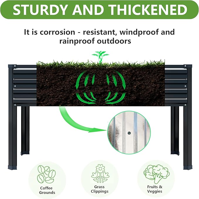 48×24×30in Galvanized Raised Garden Bed,Metal Elevated Planter Box with Legs for Patio,Balcony,Backyard,300lb Capacity,Black Easllre