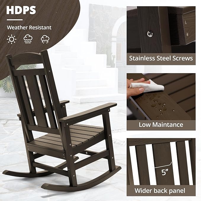 LUE BONA Outdoor Rocking Chairs Set, 3-Piece, Poly Porch Rockers with Table, Plastic Weather Resistant Rocking Chair Set for Outdoor Indoor, Garden, Backyard, 350lb, Brown, Chairs+Table LUEBONA