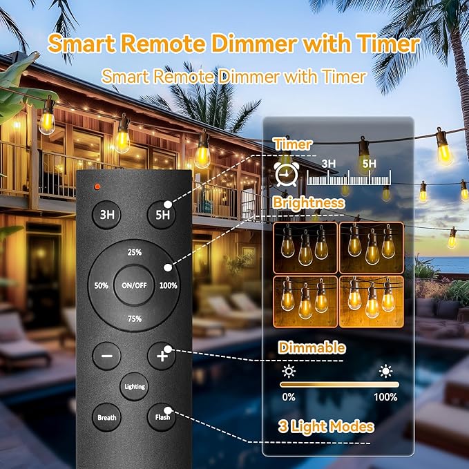 Outdoor String Lights Patio LED Light Outside - 45M 43+2 S14 LED Dimmable 150ft Porch Lighting IP65 Waterproof Rootora