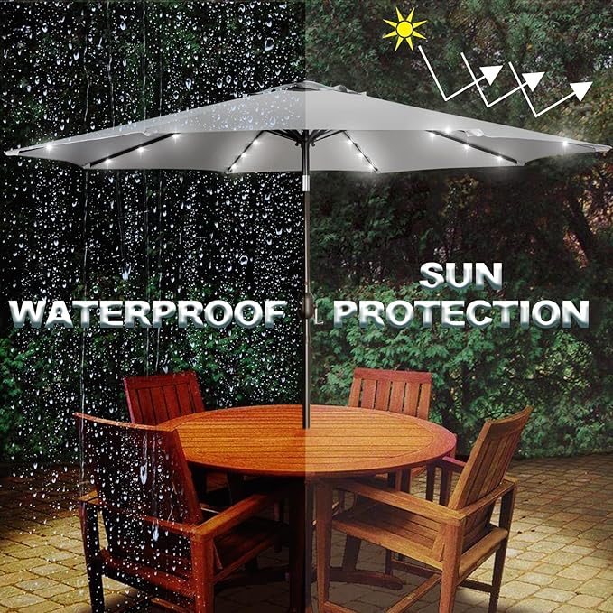 Blissun 9 ft Solar Umbrella, Patio Umbrella with 32 LED Lights, Table Market Umbrella, Outdoor Umbrella for Garden, Deck, Backyard (Light Grey) Blissun