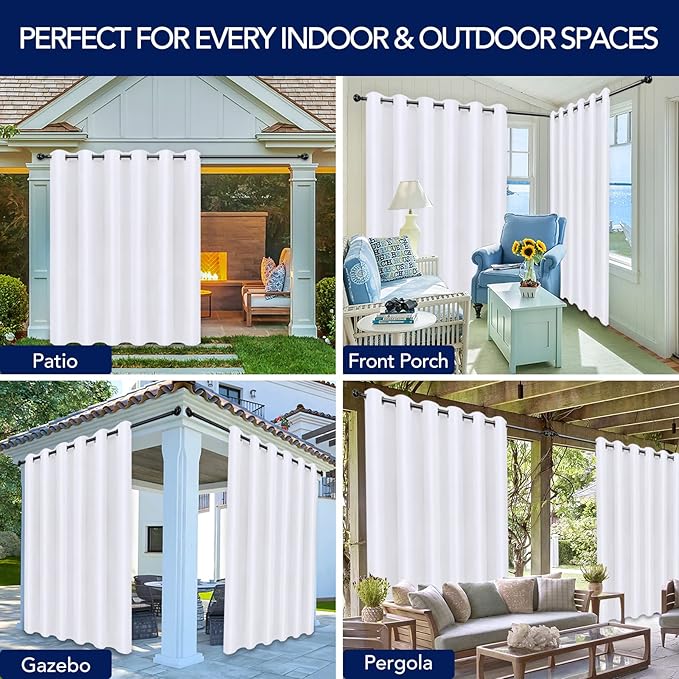 PureFit Outdoor Curtains for Patio Waterproof Weatherproof, UV Resistant Outside Curtains for Gazebo, Front Porch, Pergola, Sun Blocking Privacy Curtain, 100W x 95L inch, 1 Panel, White PureFit