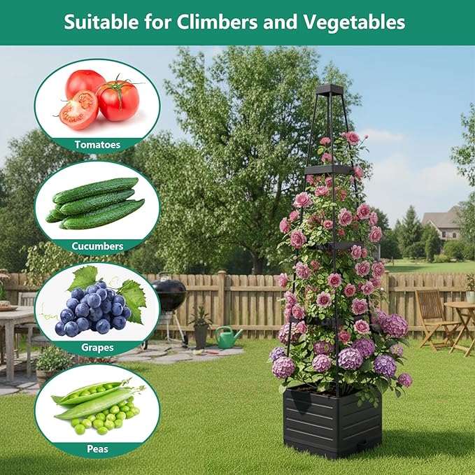 2 Pack Raised Garden Bed Planter Box with Trellis, 58”Tomato Planter with Trellis for Climbing Plants Vegetables Vine Flowers, Self-Watering Tomato Cage for Garden Patio Outdoor & Indoor Lazzmonk