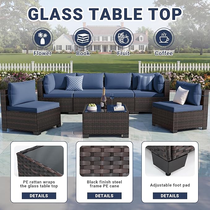 LEVELEVE 7 Pieces Outdoor Patio Furniture Sets,Rattan Conversation Sectional Set,Manual Weaving Wicker Patio Sofa with Tea Table Enjoyyourlife