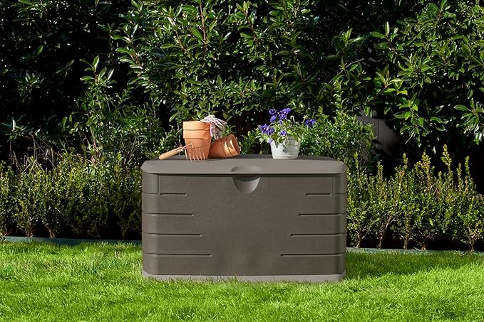 Rubbermaid Medium Resin Outdoor Storage Deck Box (73 Gal), Weather Resistant, Brown, Deck Organization for Home/Backyard/Pool Chemicals/Toys/Garden Tools/Porch/Patio Cushions Rubbermaid