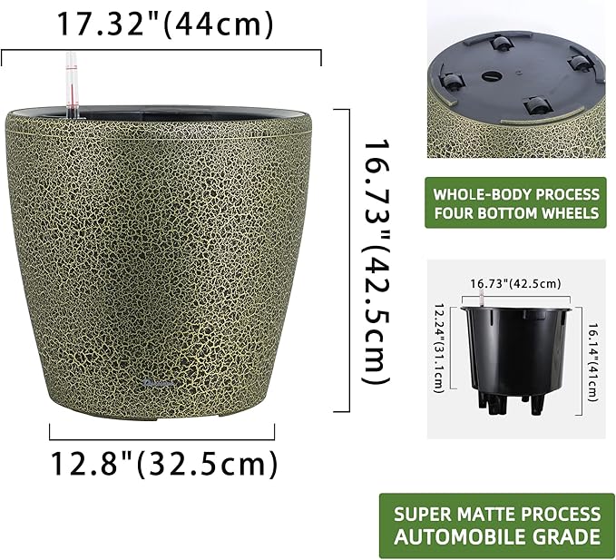 Dexceder 18x17 Self Watering Planter with Wheels Indoor Outdoor, Inner Pot Design, Thickened Large Floor Standing Flower Plant Pot with Water Level Indicator (Black Gold Crackle) Dexceder