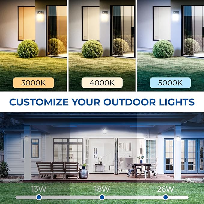 CINOTON 26W LED Wall Pack Light with Dusk to Dawn Sensor, 3CCT 3000K/4000K/5000K, 26W/18W/13W Switchable, [100-277Vac] IP65 Waterproof Outdoor Security Flood Lighting for Garage Warehouse 2 Pack CINOTON