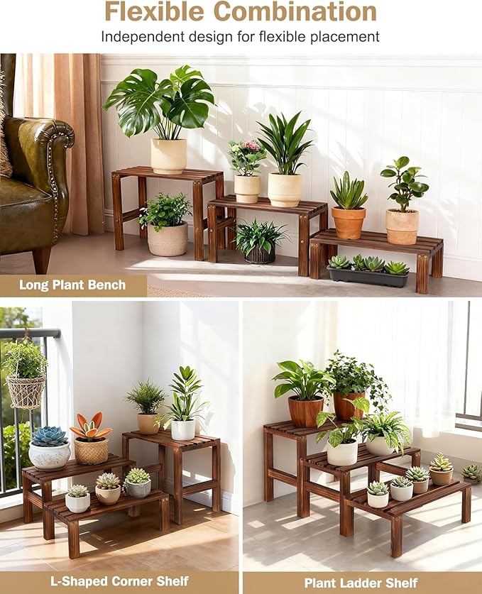 3 Tiered Wooden Plant Stand Shelf Indoor Outdoor,Corner Small Flower Pot Stand ,Rustic Narrow Low Short Plants Holder Rack for Tall Plants Succulent in Patio Livingroom Balcony Window Sill Table Desk OcBuct