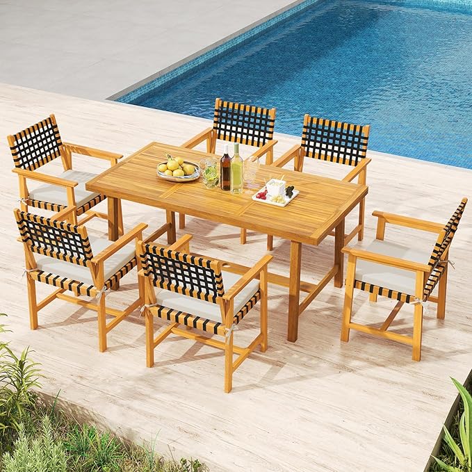 Tangkula 7 Piece Patio Dining Set for 6 People, 63” Outdoor Rectangular Acacia Wood Table with 1.97” Umbrella Hole & 6 Armchairs with Padded Seat Cushions, for Deck Yard and Poolside TANGKULA