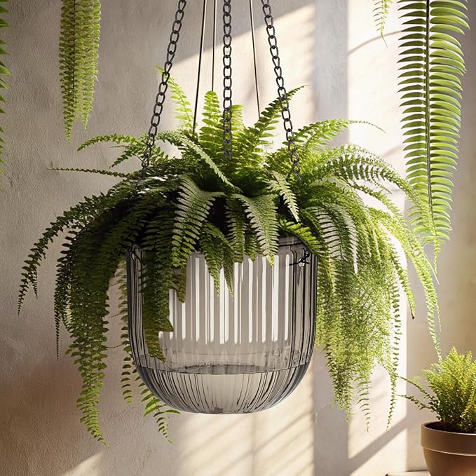 Maxcheck 4 Pcs Self Watering Hanging Planters Indoor Gift 6.5'' 4.5'' Hanging Flower Pots Baskets Outdoor Self Watering Plant with 3hooks Drainage Holes for Home(Grey,Clear) Maxcheck