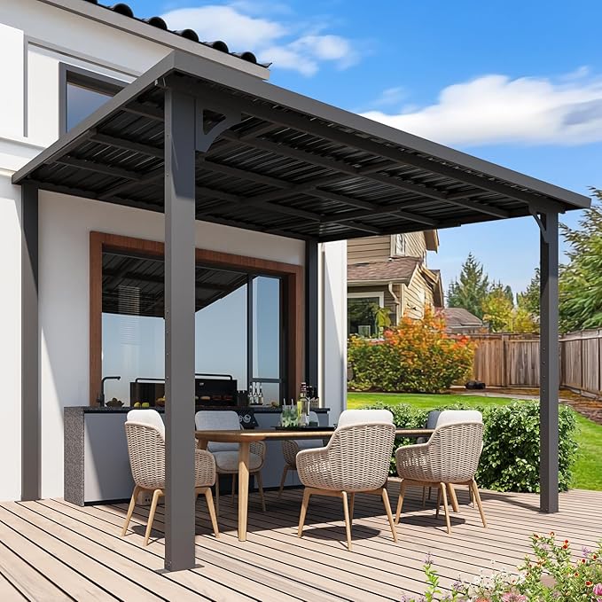 AECOJOY 10' x 10' Hardtop Gazebo Outdoor Pergola, Heavy Duty Lean to Metal Pergolas and Gazebos Clearance, Wall-Mounted Grill Gazebo Galvanized Steel Patio Roof Awnings for Patio, Decks AECOJOY