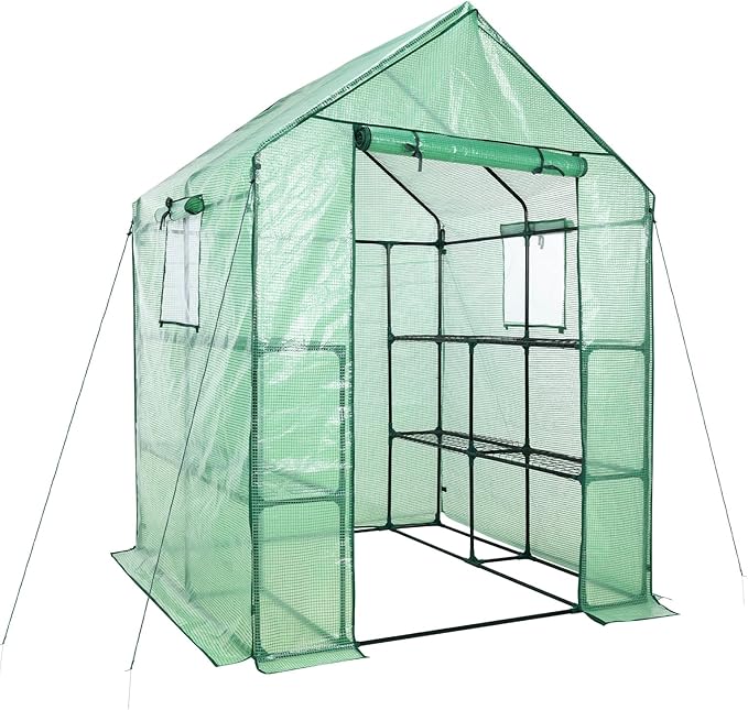 Aoodor Walk-in Greenhouse with 8 Shelves, 4.7 × 4.7 × 6.4 ft Outdoor Garden Plant House with PE Cover for Growing Vegetables, Flowers, Herbs Aoodor